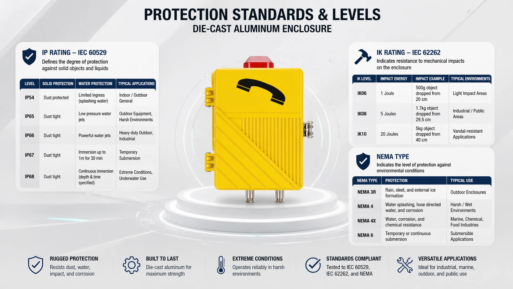IP侵入保護、IK耐衝撃性、NEMAタイプ考慮事項に重点を置いたダイカストアルミニウム製エンクロージャ