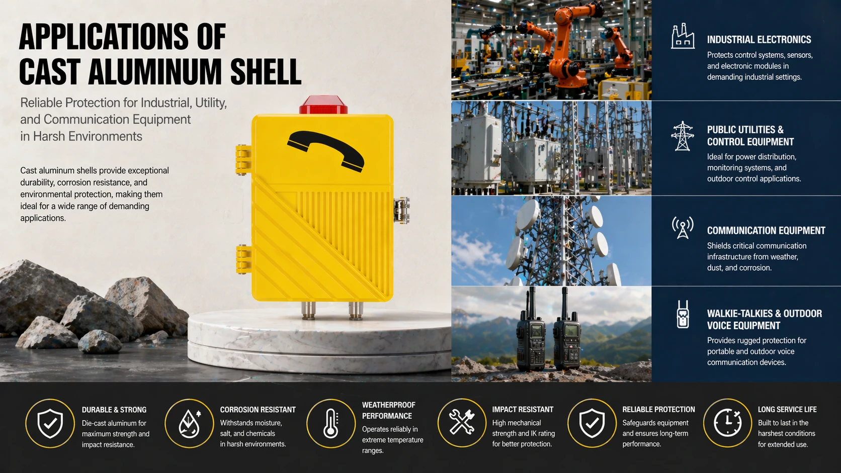 産業用電子機器、屋外インターホン、過酷環境通信機器に使用されるダイカストアルミニウム製エンクロージャ