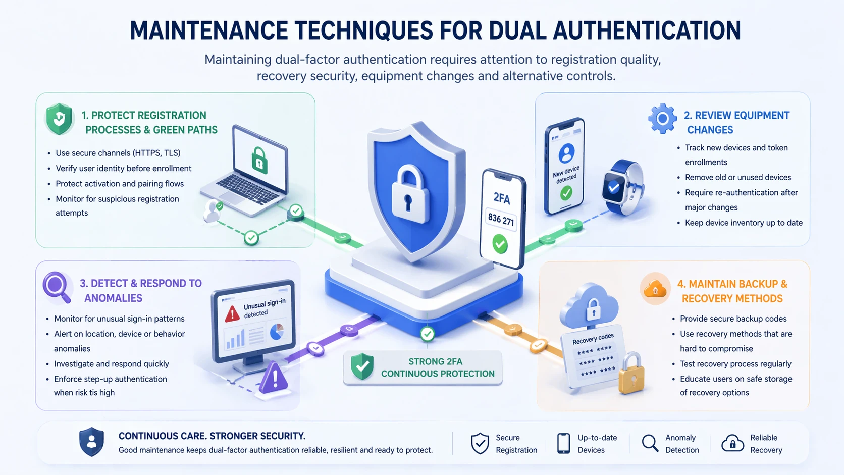 登録、リカバリ、信頼できるデバイス、ポリシーレビューを網羅した二段階認証の保守プロセス