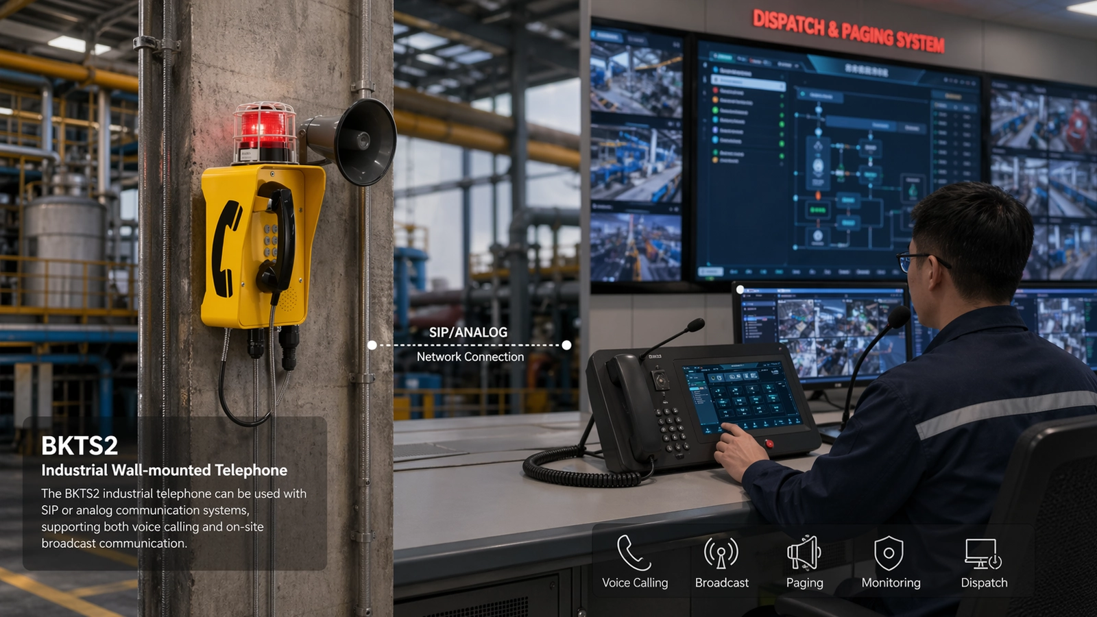 配信・拡声システムに接続されたBKTS2 SIP/アナログ産業用壁掛け電話機