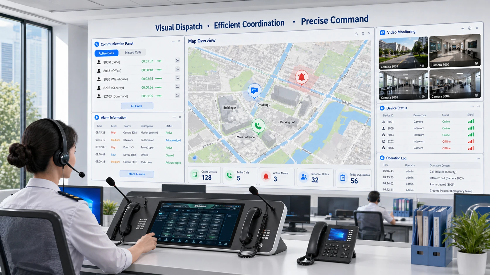 地図制御・ライブ映像・SIP通信パネル・警報ウィンドウを備えた可視ディスパッチシステム