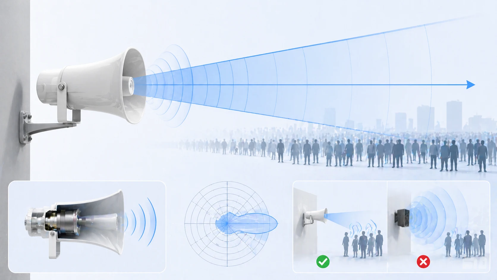 屋外現場での指向性音声放射と高効率音声カバーを示すホーンスピーカー