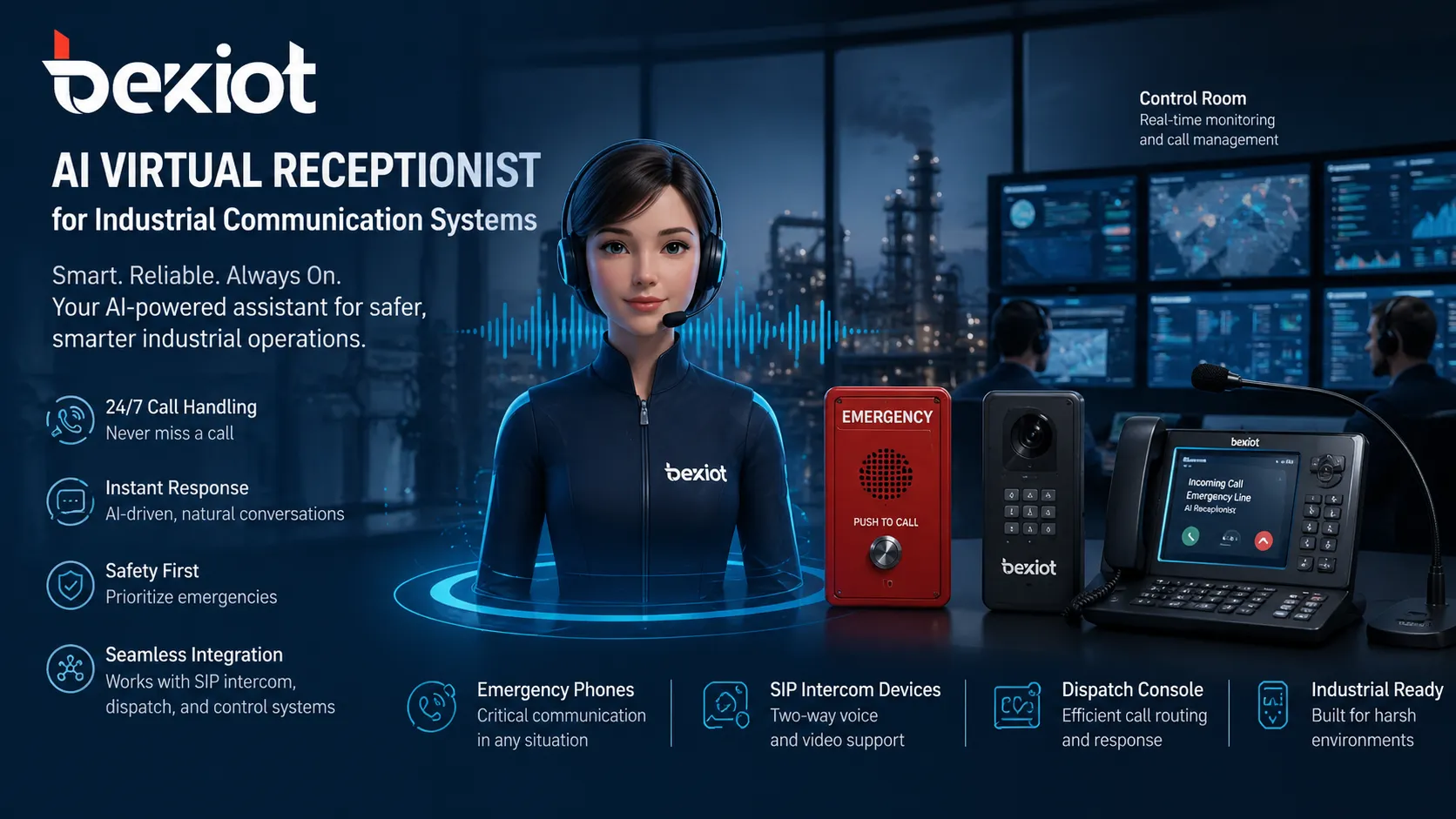 AI virtual receptionist supporting industrial communication system with emergency phones, control room, dispatch console, and SIP intercom devices in a factory or infrastructure environment