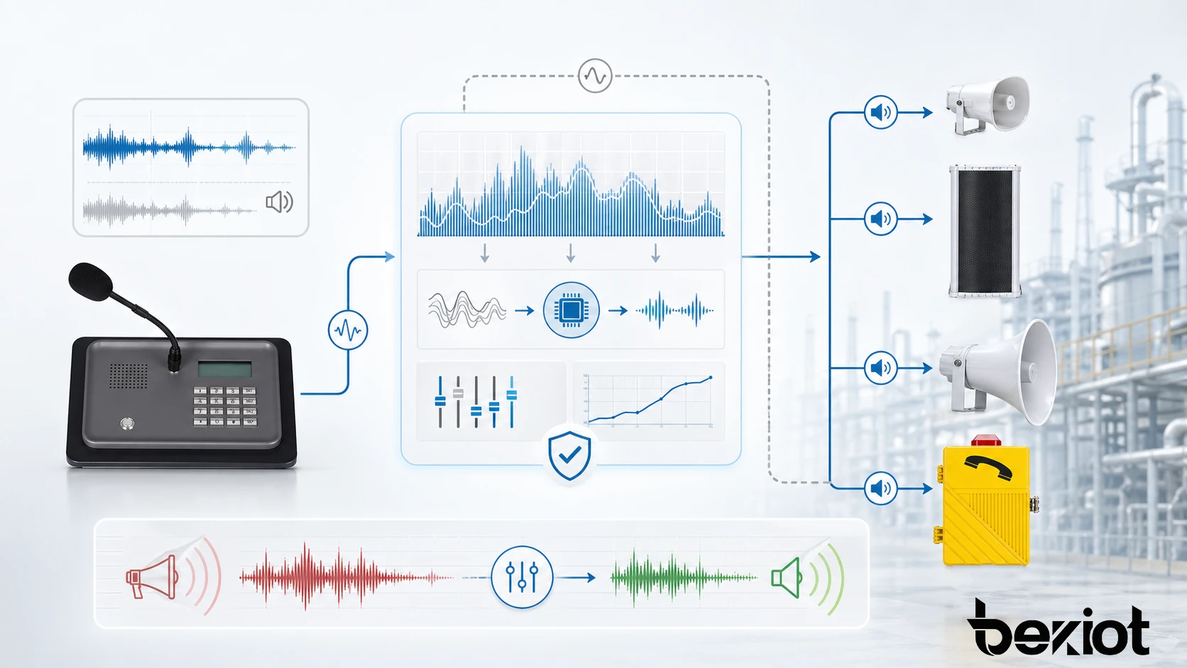 自動フィードバック検出、適応フィルタリング、ゲイン制御、明瞭な音声保持を示すハウリング抑制機能