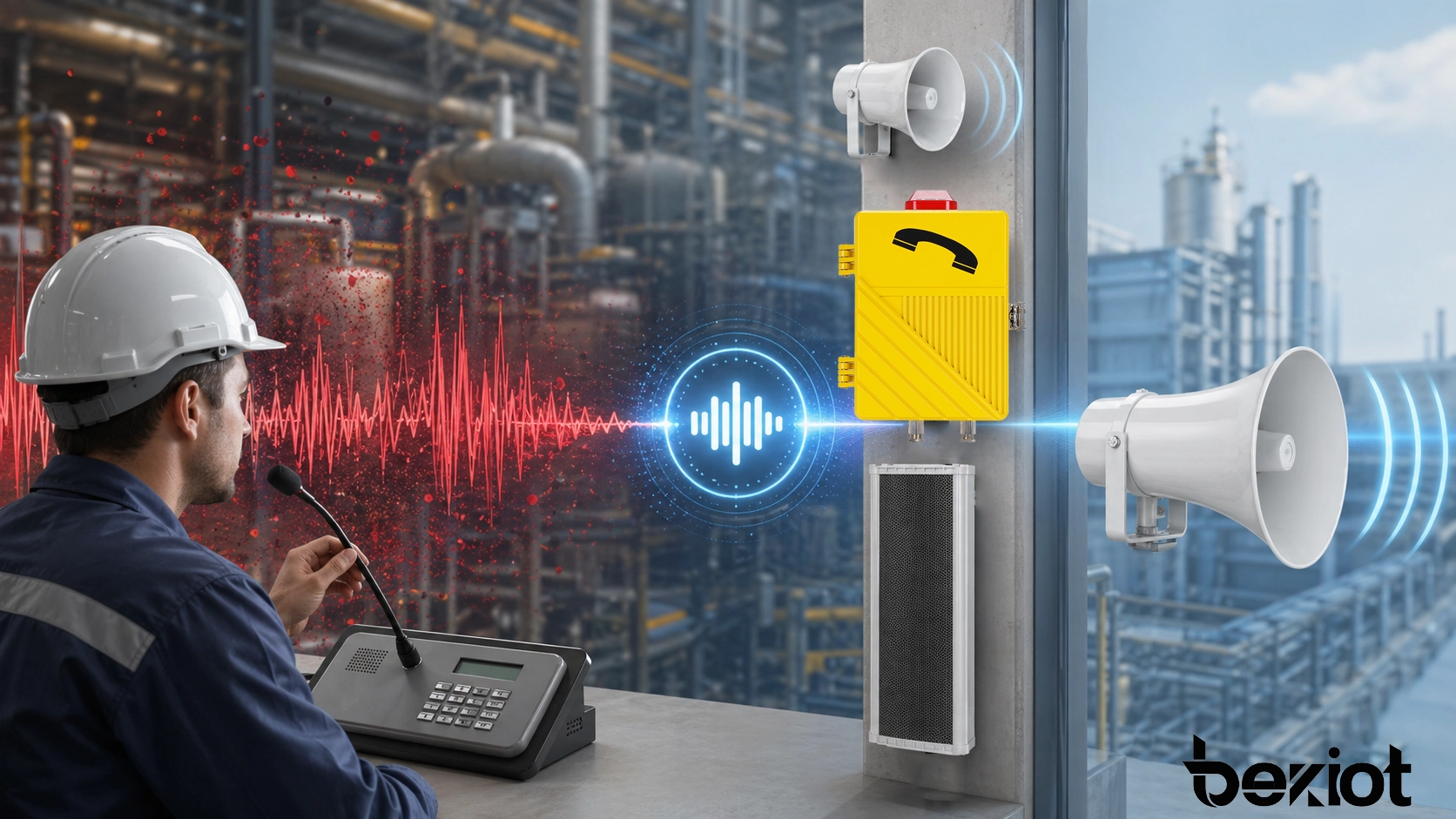 ビジネスおよび産業通信システムで背景ノイズを低減し明瞭な音声を保つノイズリダクション NR の概念図