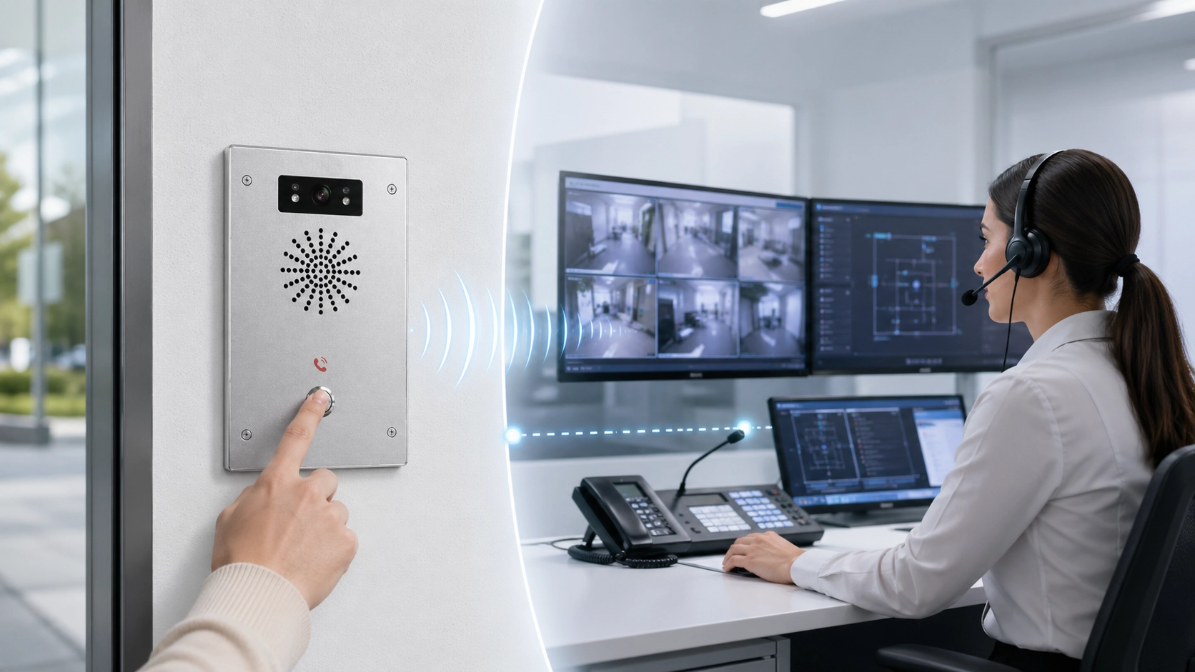 制御室のオペレーターが双方向音声システムを通じて現場インターコムのユーザーへ応答する Talkback 通信コンセプト