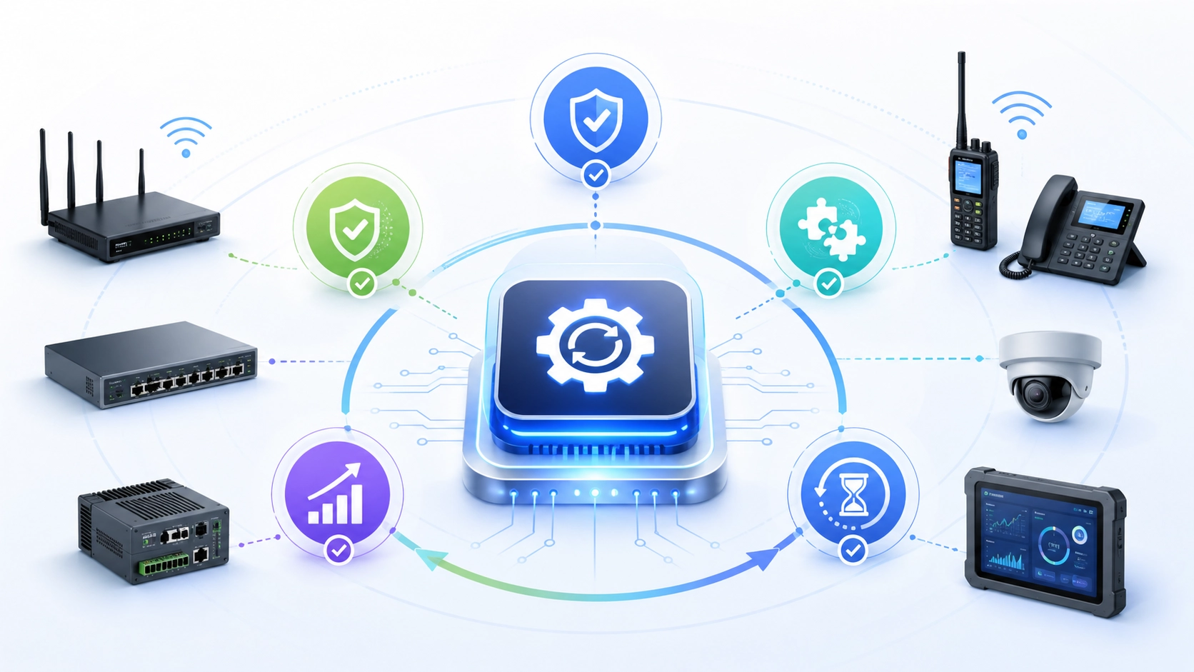 ファームウェアアップグレードのメリットとして機器の安定性向上、セキュリティパッチ、互換性更新、機能最適化を示す図