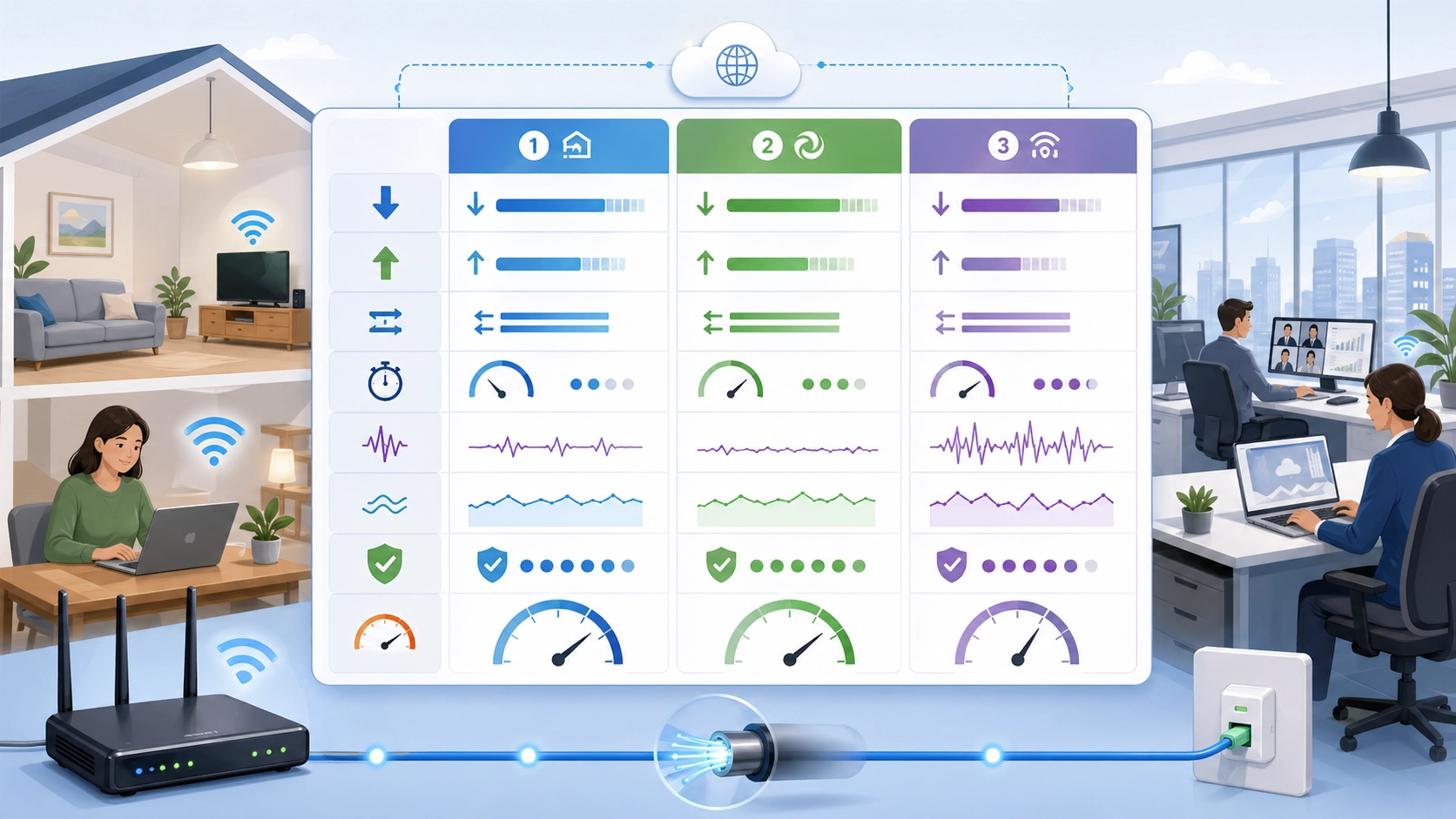 固定ブロードバンド事業者の比較。ダウンロード速度、アップロード速度、レイテンシ、安定性、ネットワーク信頼性の指標を示している