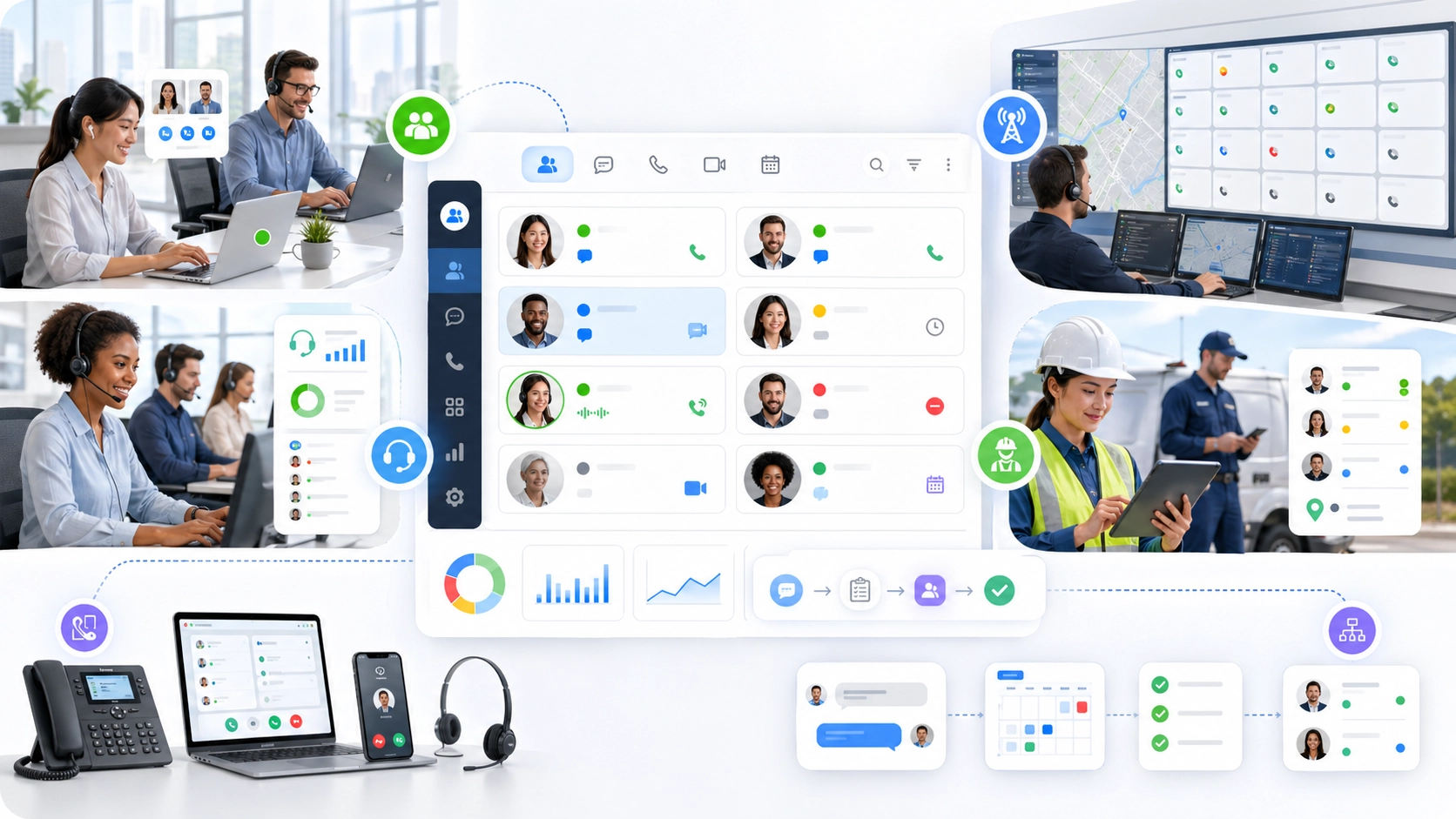 ユニファイドコミュニケーションの通話処理画面で Presence が通話ルーティング、転送判断、オペレーター可用性を改善する様子