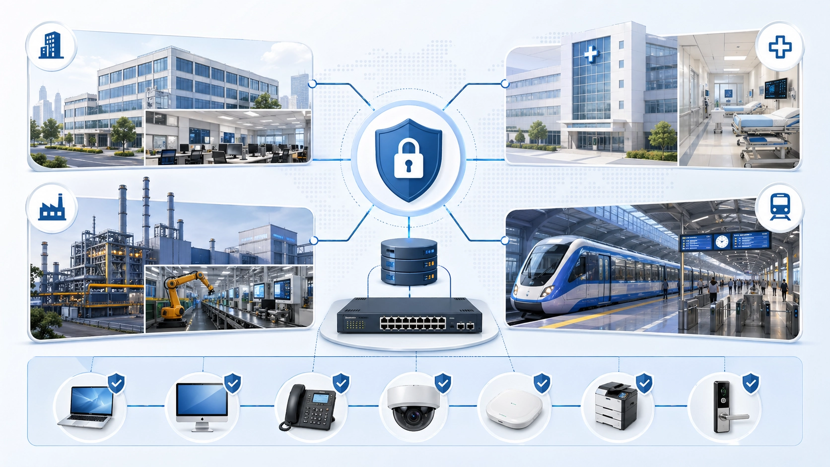 企業オフィス、キャンパスネットワーク、病院、産業現場、交通システム、IP電話、カメラ、アクセススイッチにおける802.1Xの活用