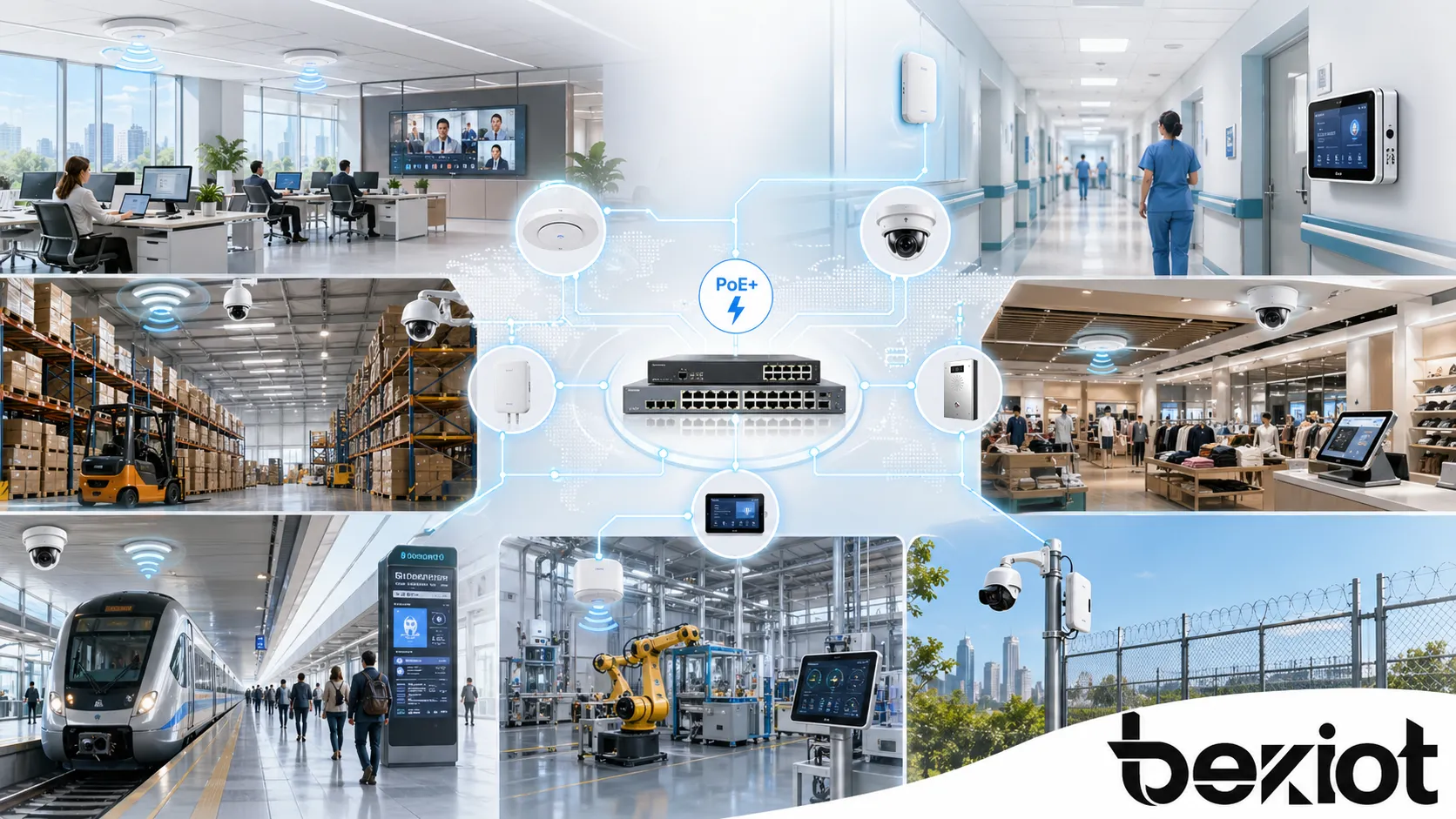 PoE+の応用事例：オフィス、キャンパス、病院、倉庫、小売店、交通機関、産業施設、屋外セキュリティネットワーク