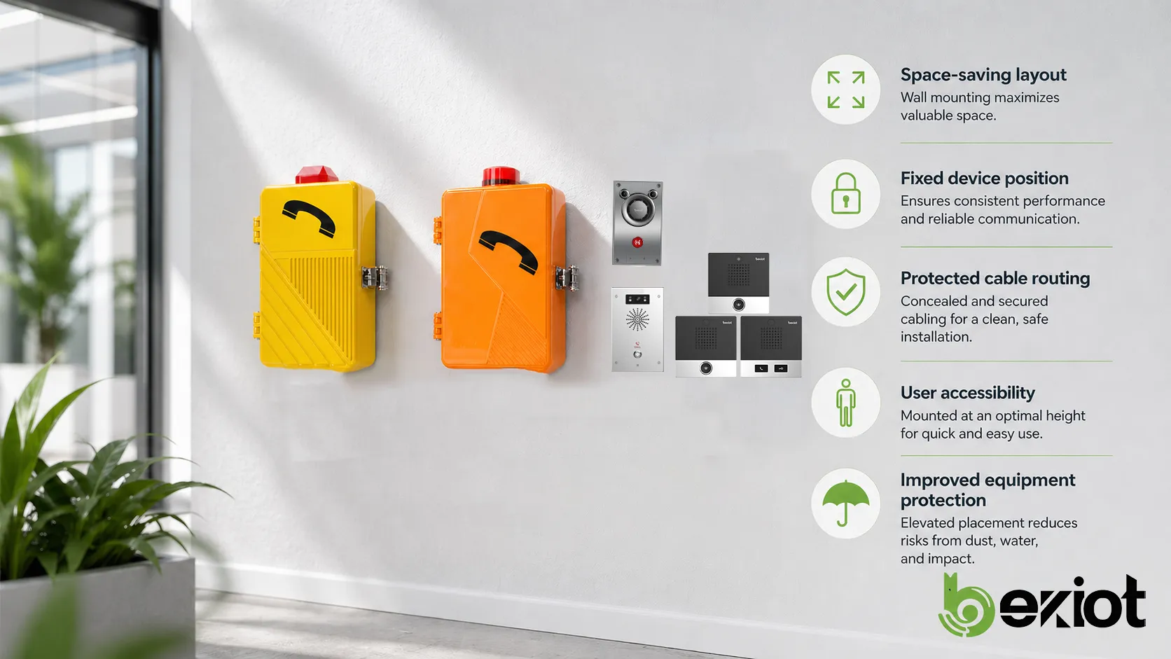 省スペースレイアウト、固定された機器位置、保護されたケーブル配線、利用者アクセス性、機器保護を示す壁面設置の特徴