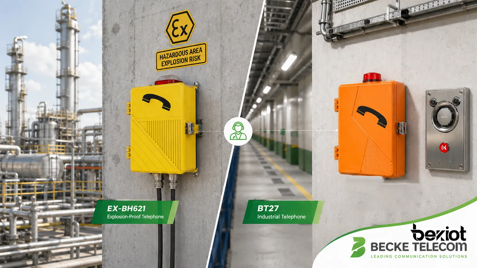 Becke Telcom の壁面設置型 EX-BH621 防爆電話機と BT27 産業用電話機が危険区域および産業施設の通信シナリオで使用される様子