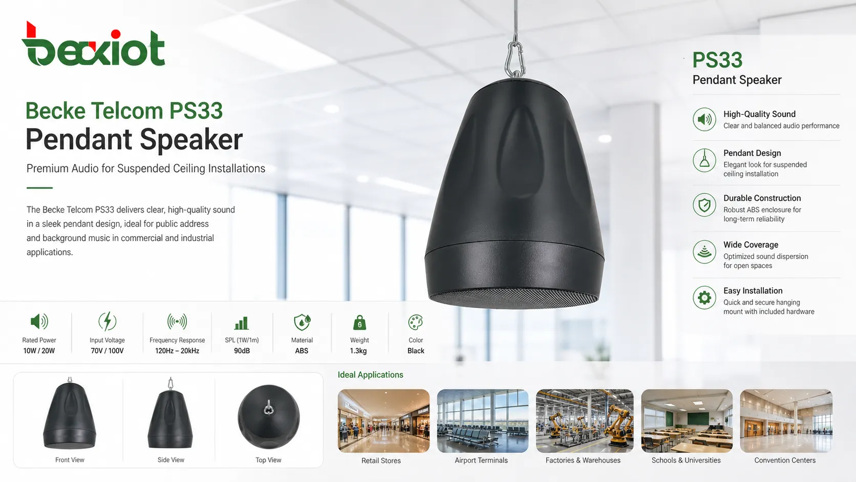 吊り下げ天井音響設置向けBecke Telcom PS33 Pendant Speaker