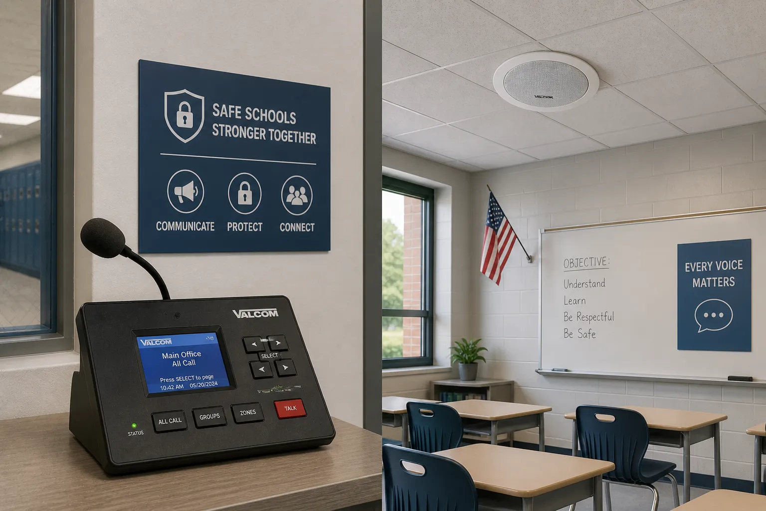 学校安全と統合通信に使用されるValcomページングコンソールと教室スピーカー
