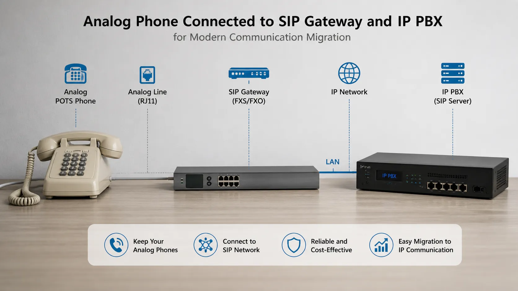 現代的な通信移行のためにSIPゲートウェイとIP PBXへ接続されたアナログPOTS電話