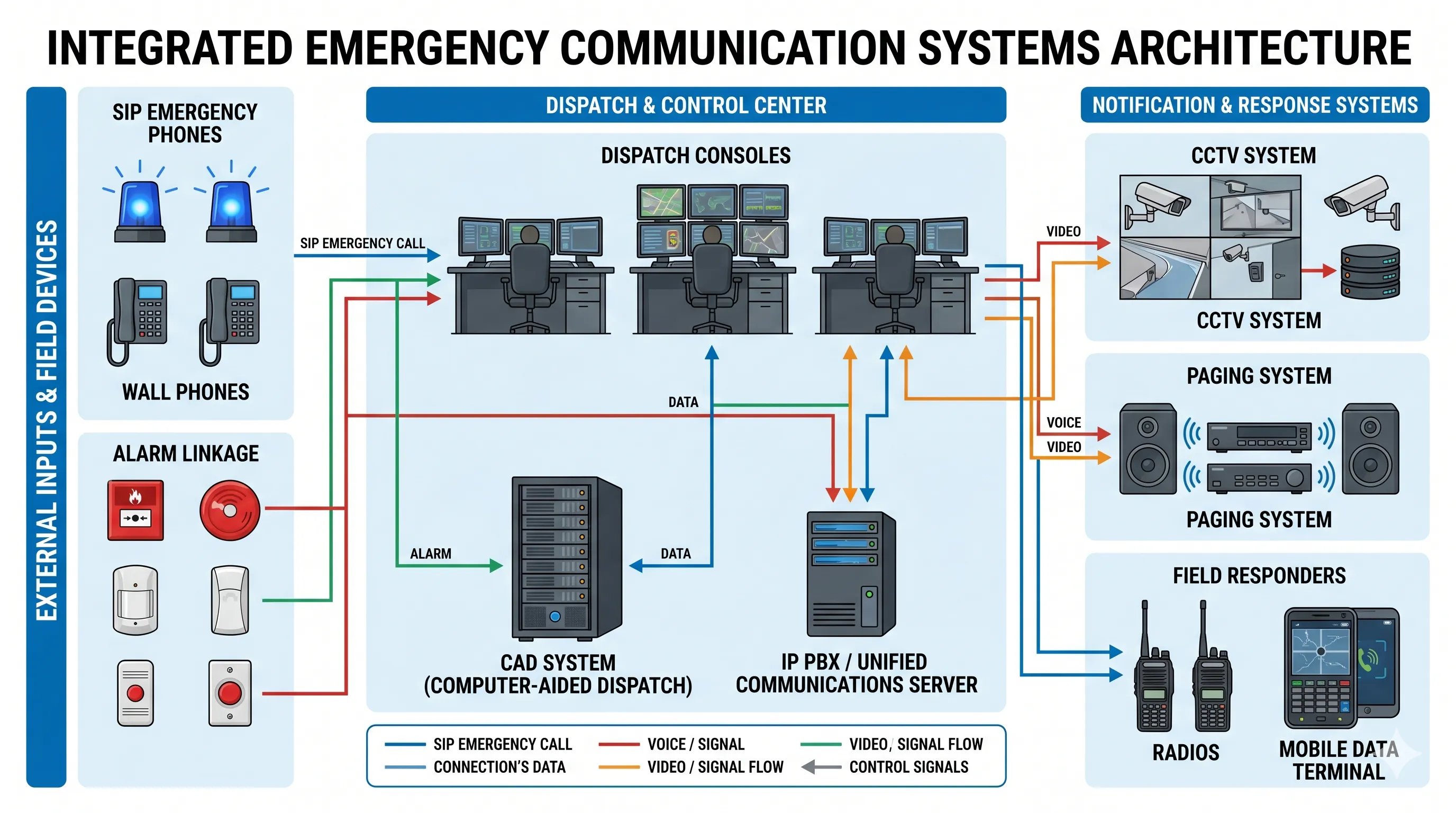 CAD システム、SIP 緊急電話、IP PBX、指令コンソール、CCTV、放送、アラーム連動を接続する緊急通信アーキテクチャ