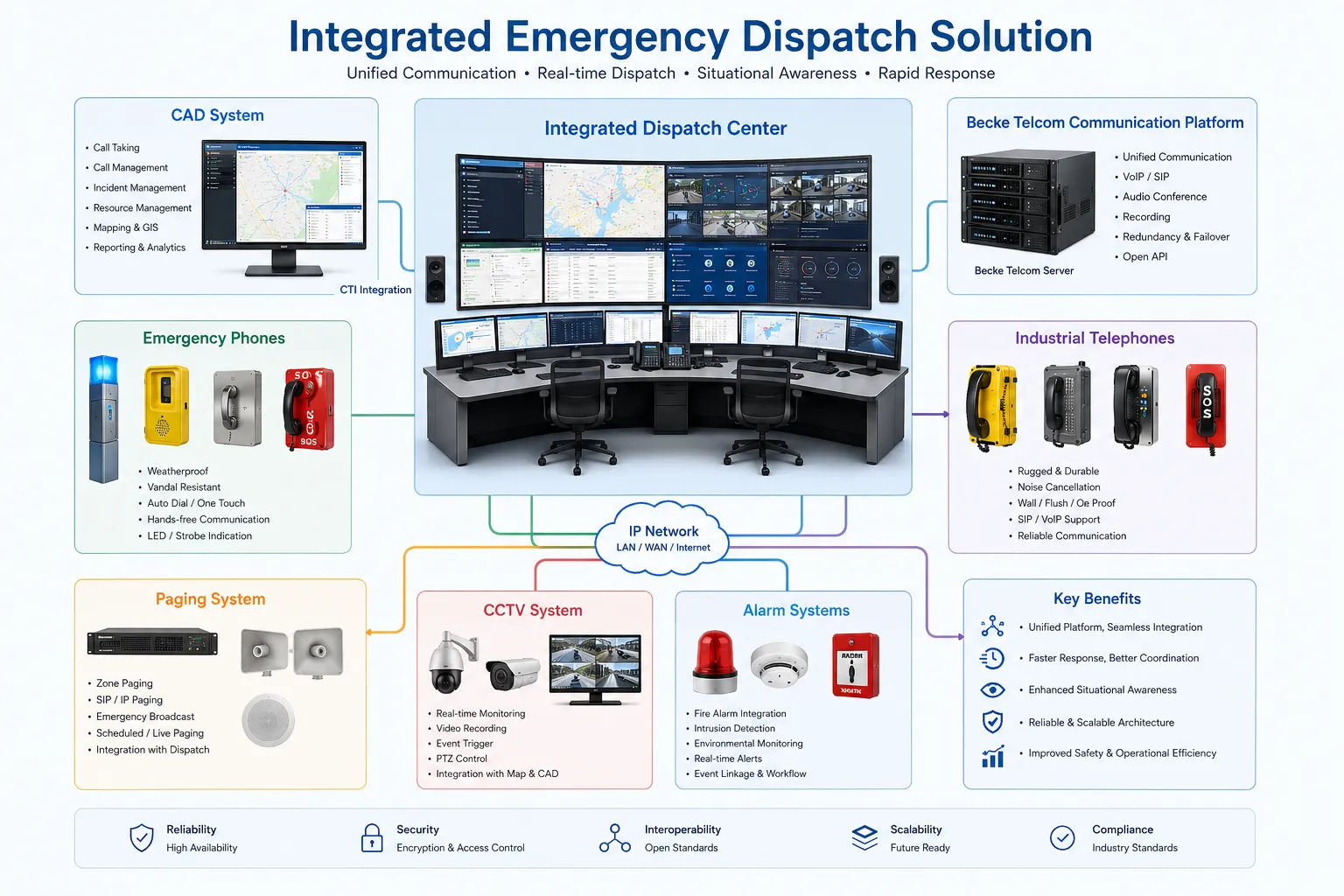 CAD システム、Becke Telcom 通信プラットフォーム、緊急電話、産業用電話、放送、CCTV、アラームシステムを含む統合緊急指令ソリューション