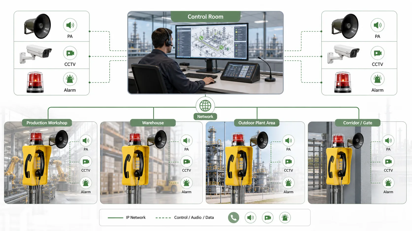 インターホン、ページング、拡声、CCTV、警報、管制室配信を統合した産業緊急通信ソリューション