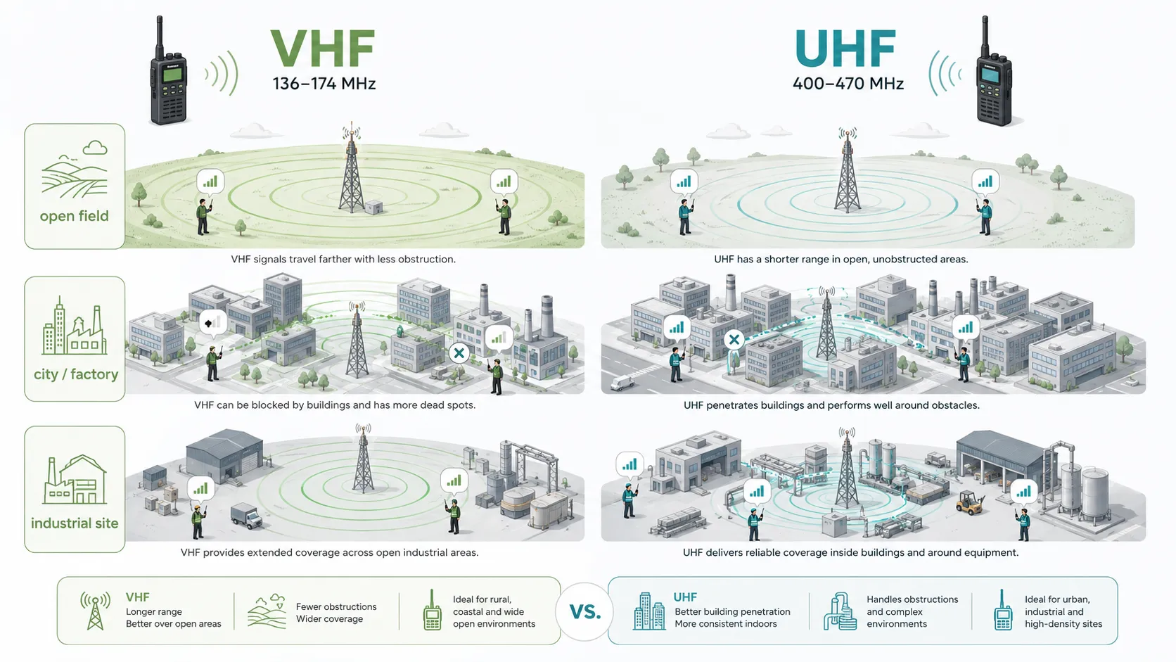 工場 都市 開放エリアにおけるVHFとUHF双方向無線機のカバー範囲比較