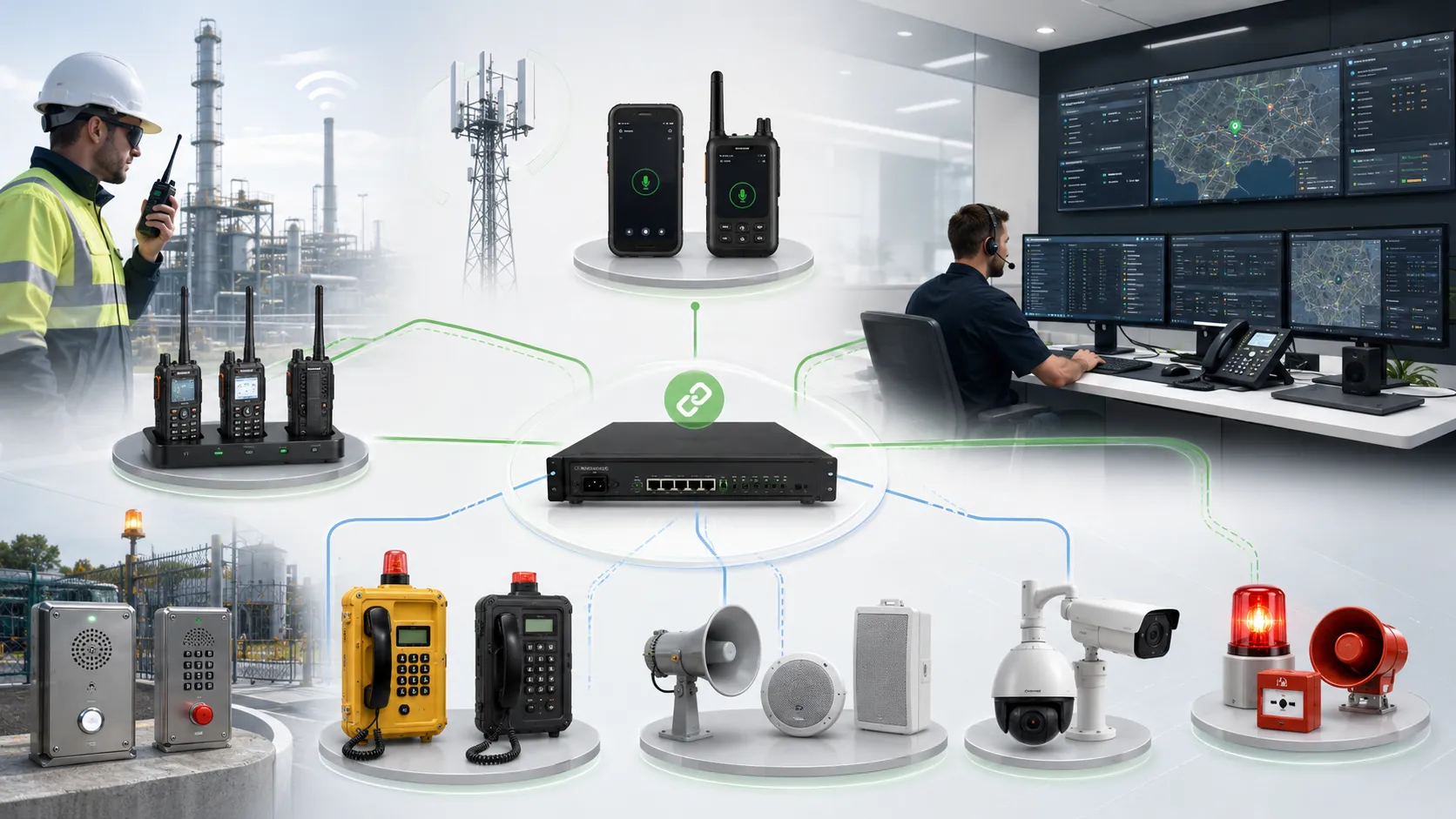 Becke Telcomのハイブリッド緊急通信ソリューション、双方向無線 PoC RoIPゲートウェイ SIPディスパッチ 産業電話 PA CCTV連動を接続