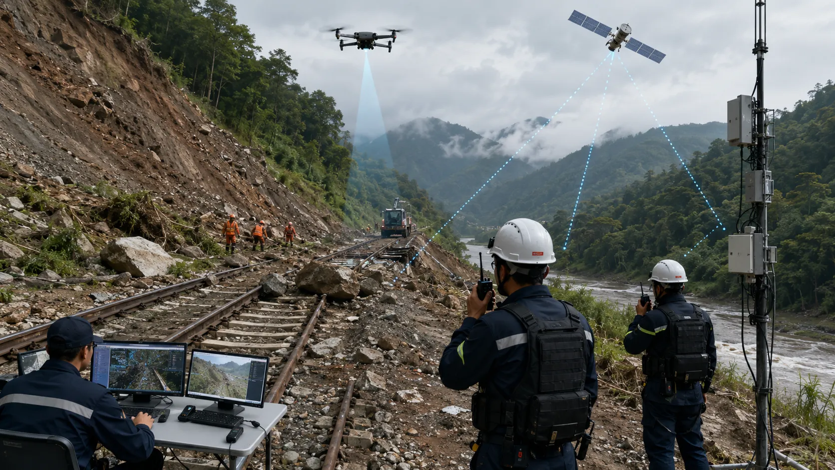 鉄道土砂崩れ緊急時にドローン偵察 衛星リレー 双方向無線音声 指令センターのディスパッチを使用する様子