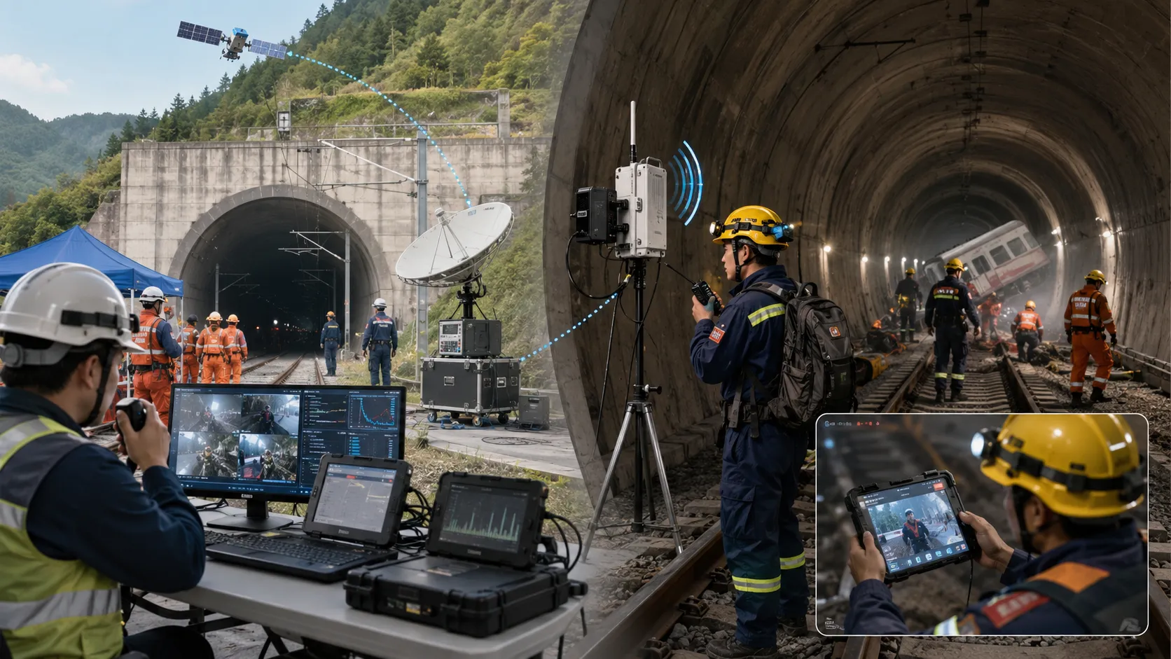 トンネル鉄道救助で無線リレーが衛星バックホールを通じて3.5から10キロメートル先まで音声と映像信号を送る構成