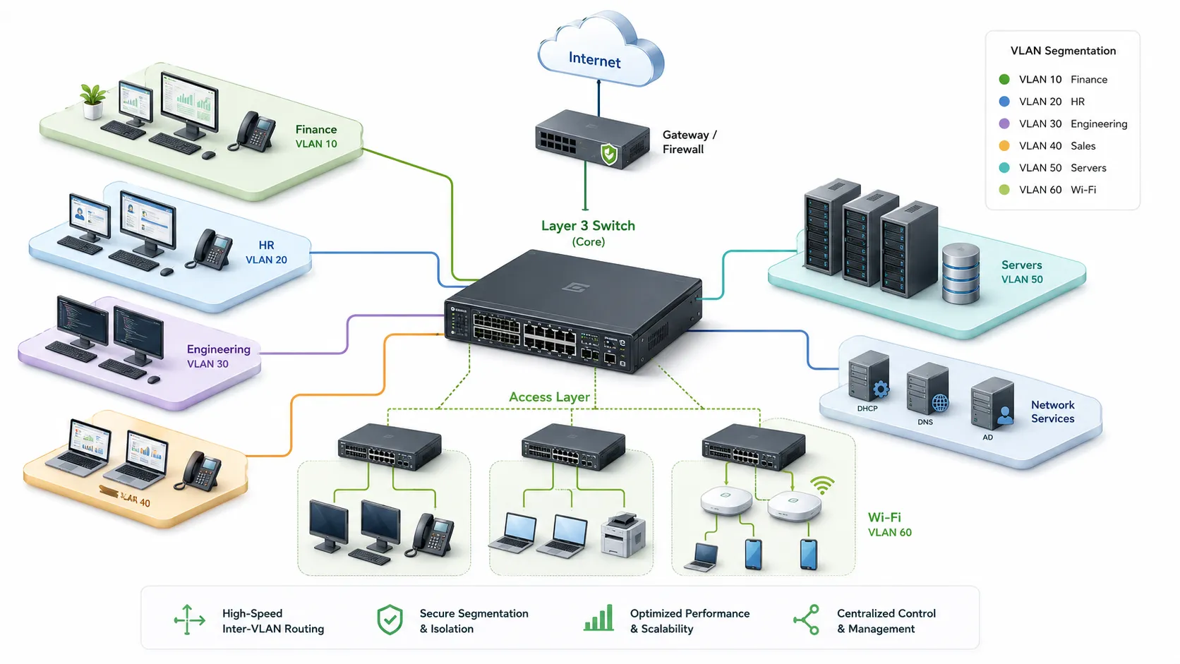 VLAN、部門、サーバー、インターネットゲートウェイ、アクセススイッチを接続するレイヤ3スイッチのエンタープライズネットワークコアアーキテクチャ