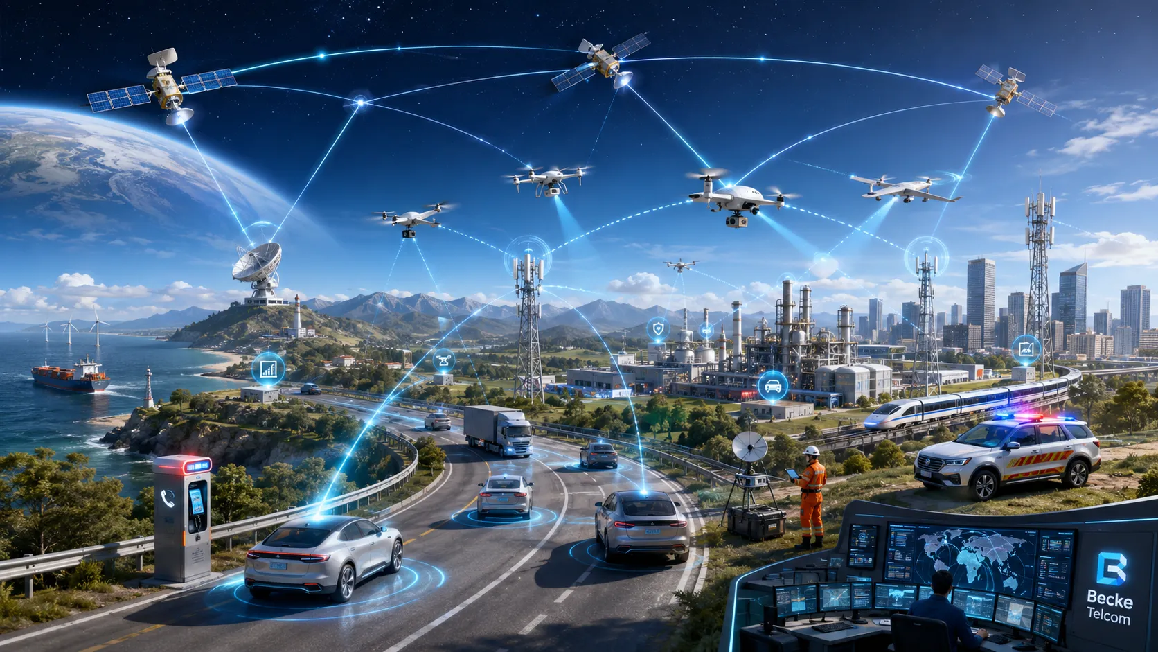 6G空天地上統合ネットワーク：衛星、ドローン、基地局、スマート車両、産業拠点、緊急通信システムを接続