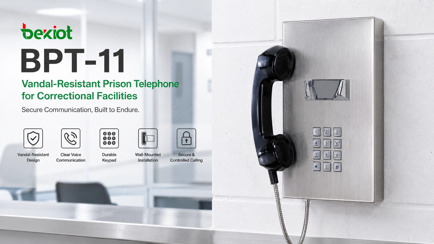 矯正施設通話エリアに設置されたBPT-11耐破壊型刑務所電話機
