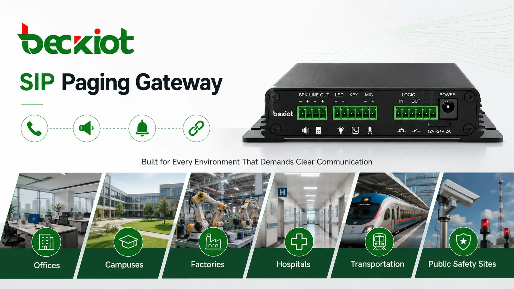SIP Paging Gateway の用途：オフィス、キャンパス、工場、病院、交通、公共安全