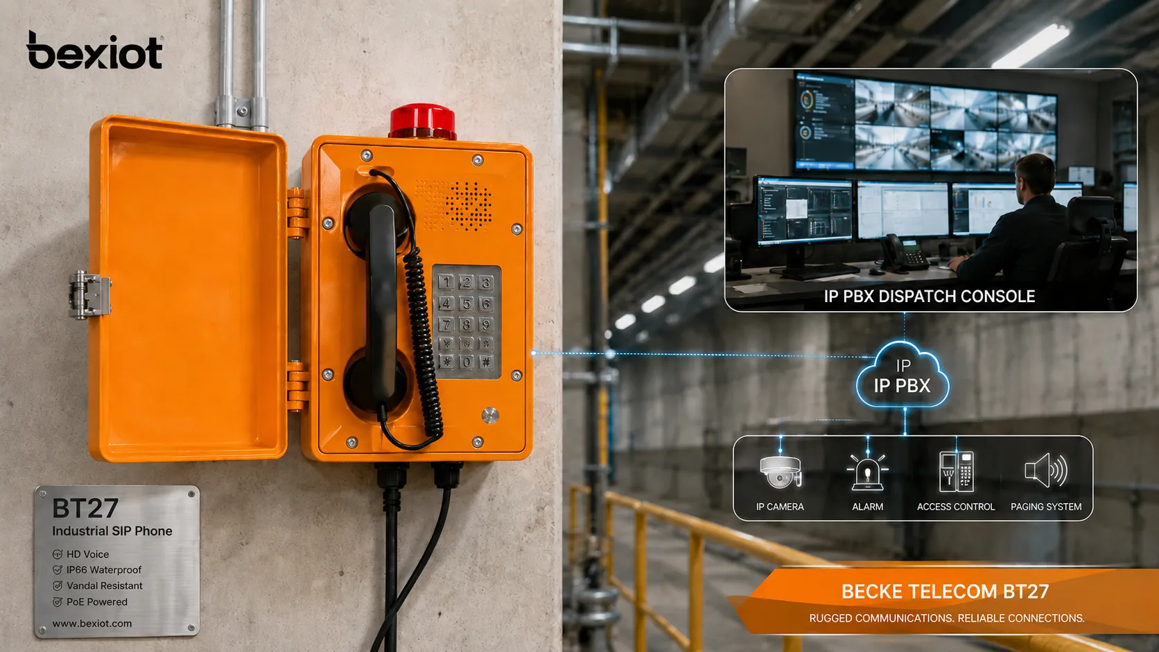 Becke Telcom BT27産業用SIP電話が堅牢な壁掛けインターホン端末として設置され、IP PBX、指令コンソール、制御室に接続される様子