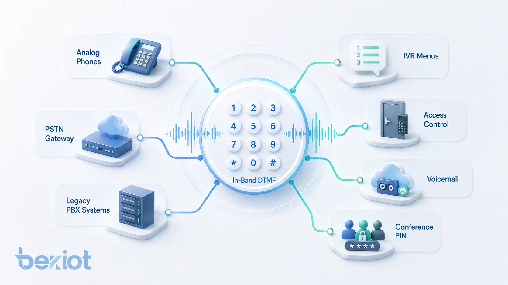 インバンド DTMF の動作、キー押下、二重トーン生成、音声コーデック、音声伝送、IVR トーン検出、数字認識の流れ