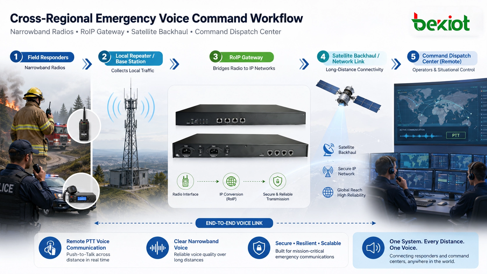 狭帯域無線、RoIPゲートウェイ、衛星バックホール、指令センターを利用した広域緊急音声指揮ワークフロー