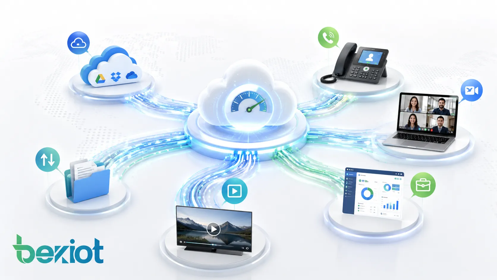 クラウドサービス VoIP ビデオ会議 ファイル転送 ストリーミング 企業アプリが共有するネットワーク容量を示す帯域幅概要