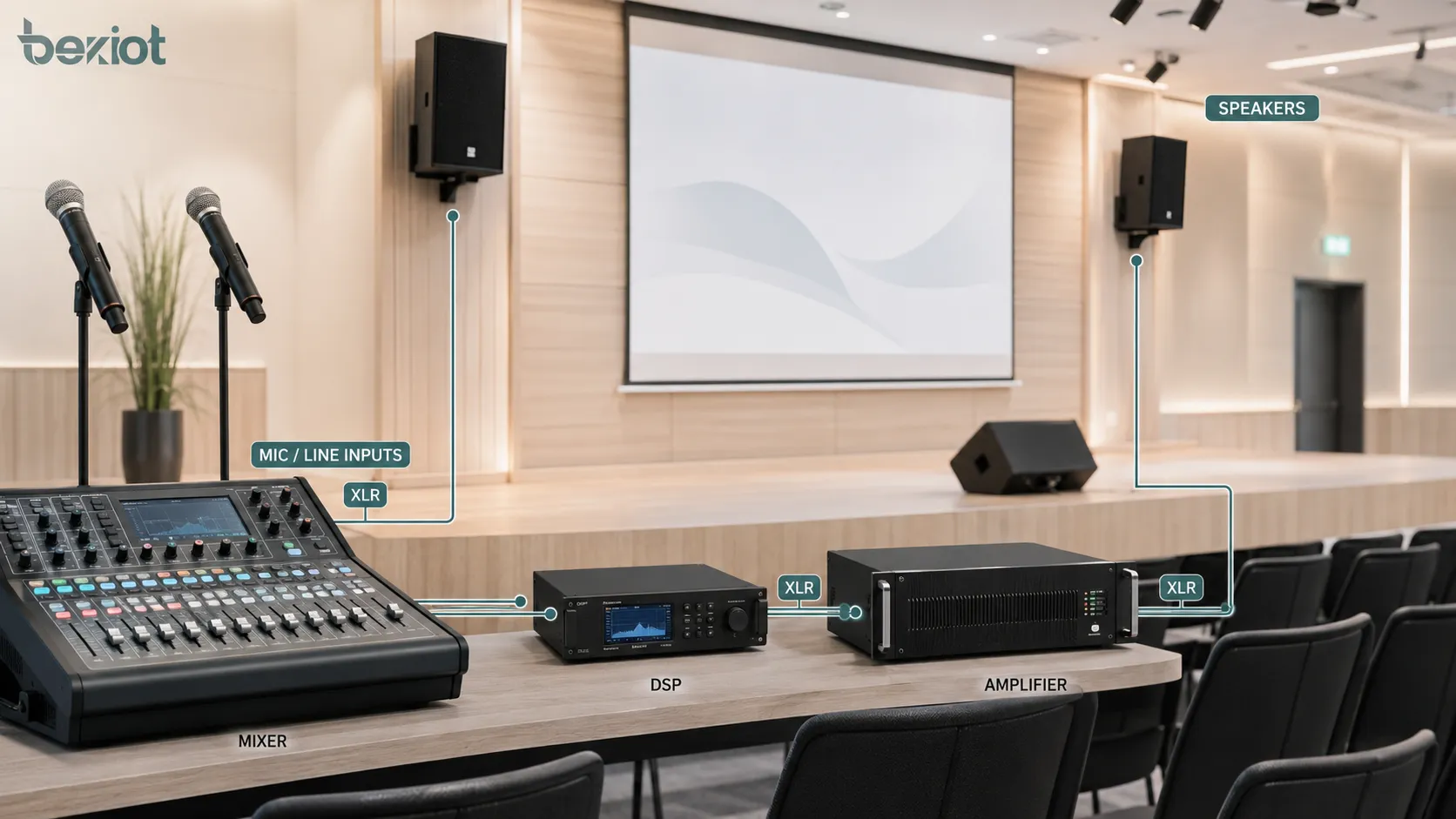 マイク、ミキサー、DSP、アンプ、スピーカー間でバランス音声接続を使うプロ AV システム