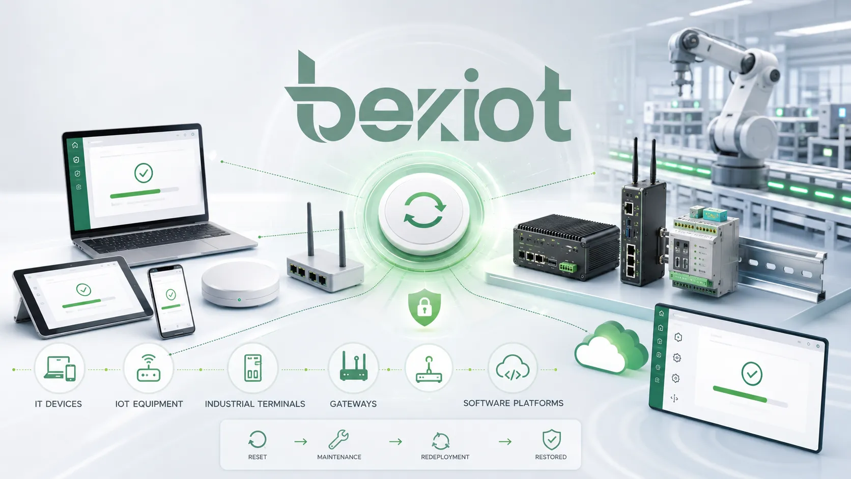 IT 機器、IoT 機器、産業通信端末、ゲートウェイ、ソフトウェアプラットフォームでの工場出荷時リセットの用途