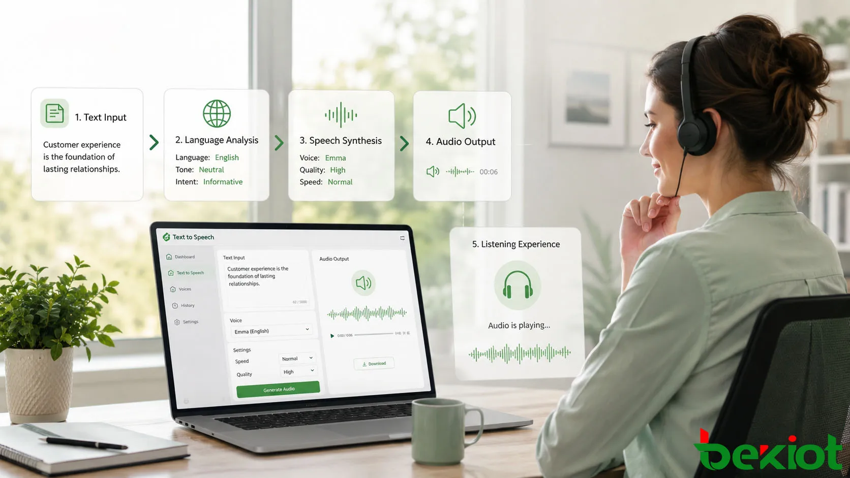 テキスト入力、言語解析、音声合成、音声出力、ユーザーの聴取体験を示すテキスト読み上げプロセス