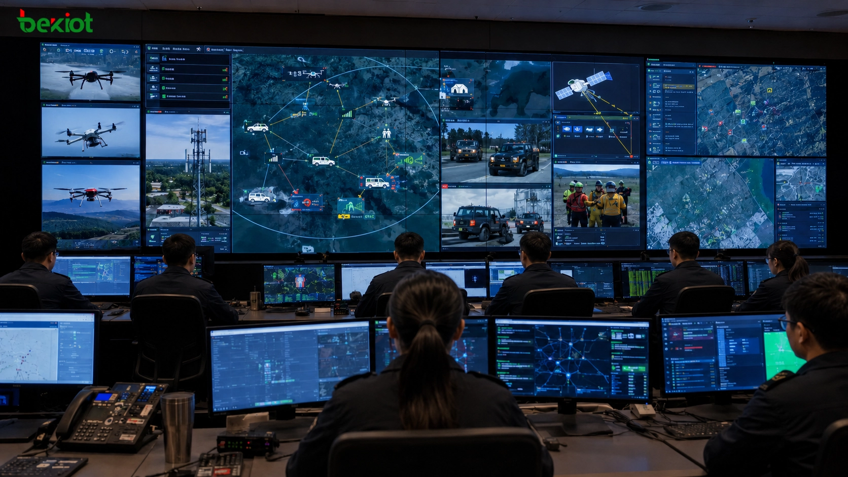 統一緊急通信指揮センターが被災地ネットワーク、ドローン基地局、衛星リンク、車両、現場救助隊を監視する様子