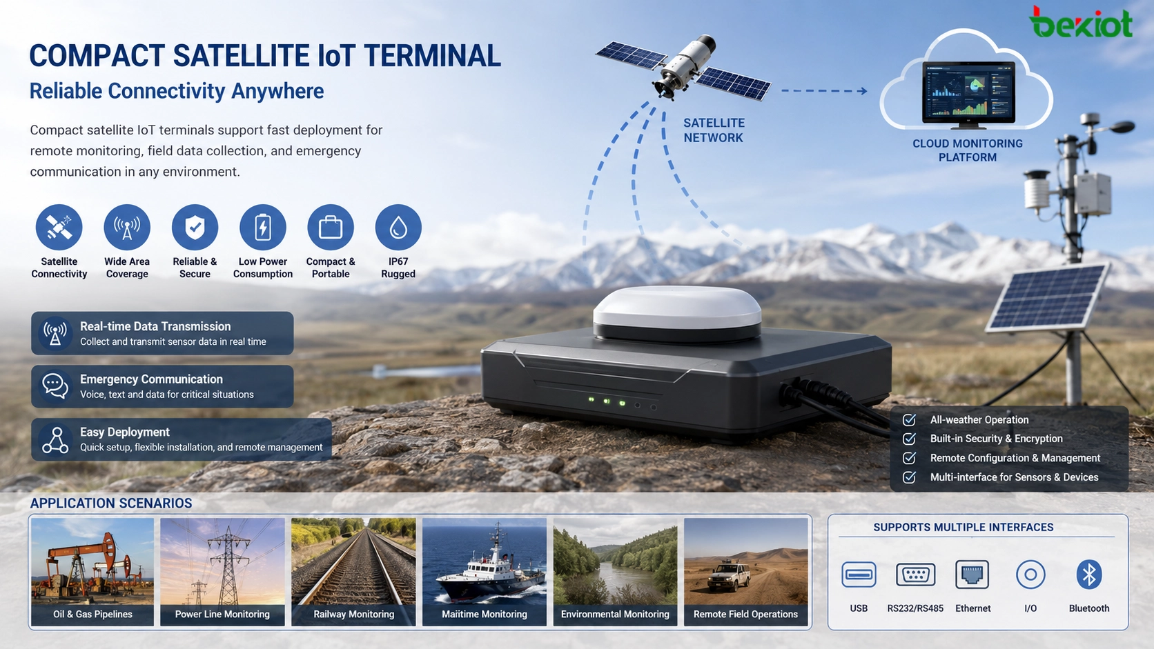 遠隔現場に設置された小型衛星IoT端末によるセンサーデータ伝送と緊急通信