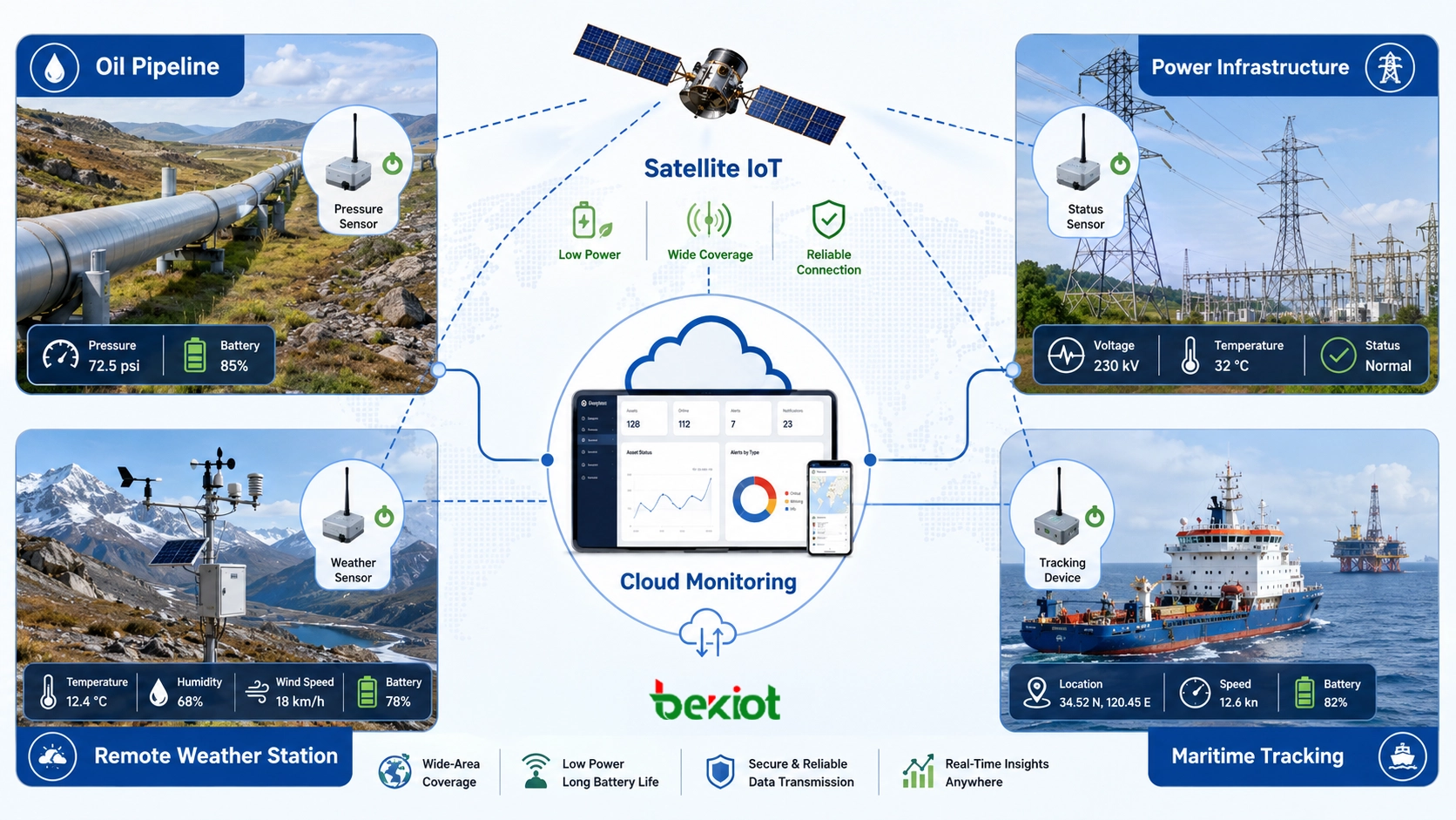 低消費電力の衛星IoTデバイスによるパイプライン圧力、電力塔、気象局、海事資産の監視