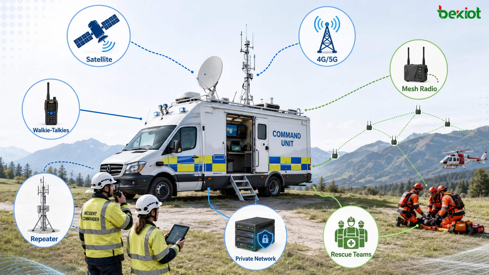 衛星リンク、5Gボンディングルーター、メッシュ無線、トランシーバー、救助隊を接続する緊急指揮車