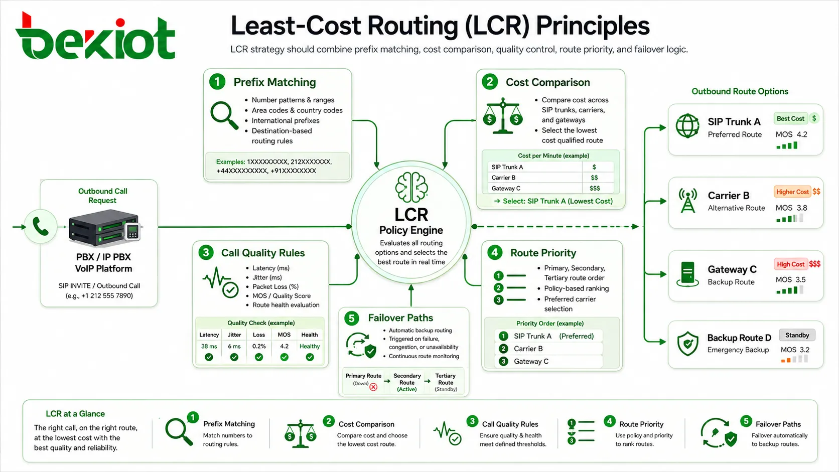 LCR基本原則図　プレフィックス照合、料金比較、品質ルール、経路優先度、フェイルオーバー経路を含む