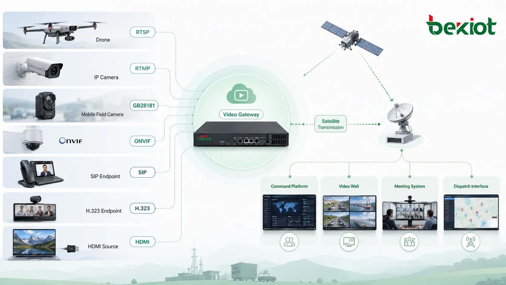 ドローン、RTSP、RTMP、GB28181、ONVIF、SIP、H.323、HDMIビデオソースを衛星伝送および指揮プラットフォームに接続するビデオゲートウェイアーキテクチャ