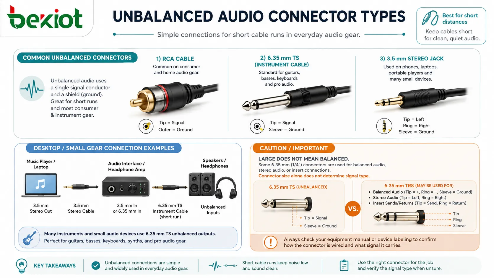 RCAケーブル、TS楽器用ケーブル、3.5mmステレオジャック、短いデスクトップオーディオ接続を示すアンバランスオーディオコネクタの種類