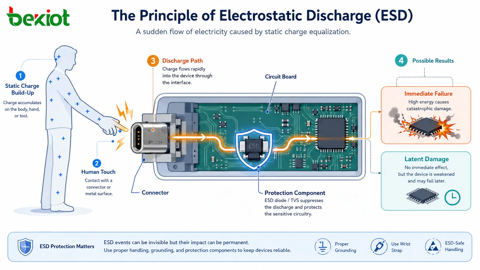 静電気放電(ESD)の原理を示す図:静電荷の蓄積、人体接触による放電経路、回路基板、コネクタ、保護部品