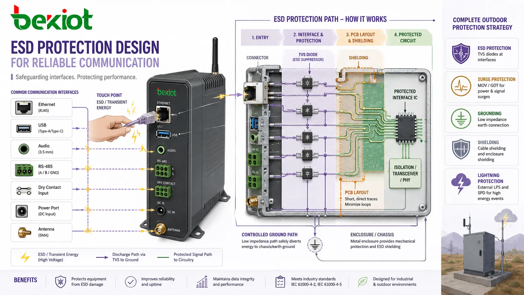 ESD保護設計を示す図:TVSダイオード、コネクタシールド、PCBレイアウト、グラウンド経路、筐体タッチポイント、保護された通信インターフェース