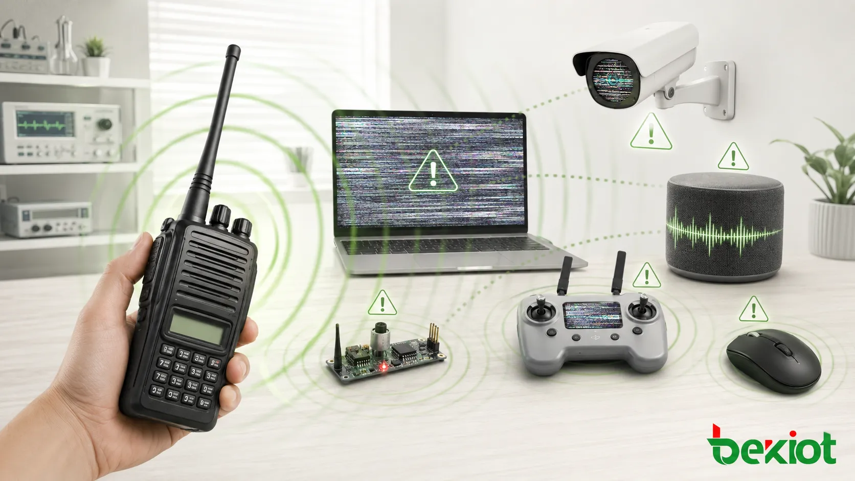 高出力携帯無線機がコンピューター カメラ センサー 音響機器 ドローンコントローラー ワイヤレスマウスにRF干渉を与える図