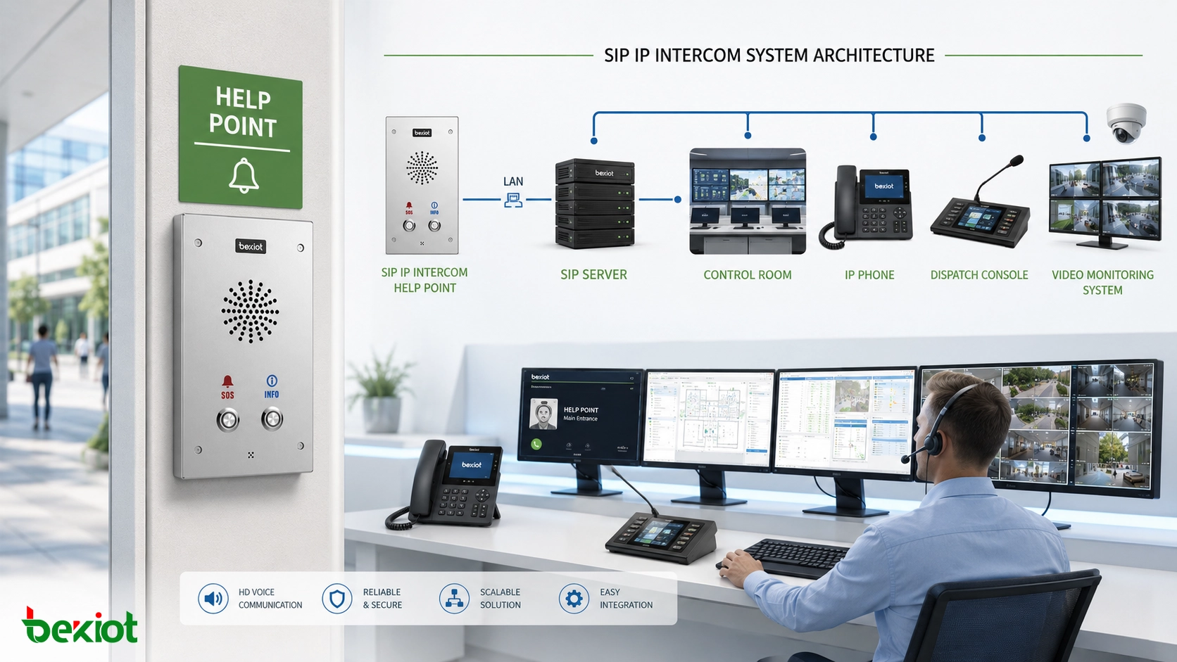 固定通話端末、SIP サーバー、制御室、IP 電話、ディスパッチコンソール、映像監視システムに接続する SIP IP インターコムのヘルプポイント