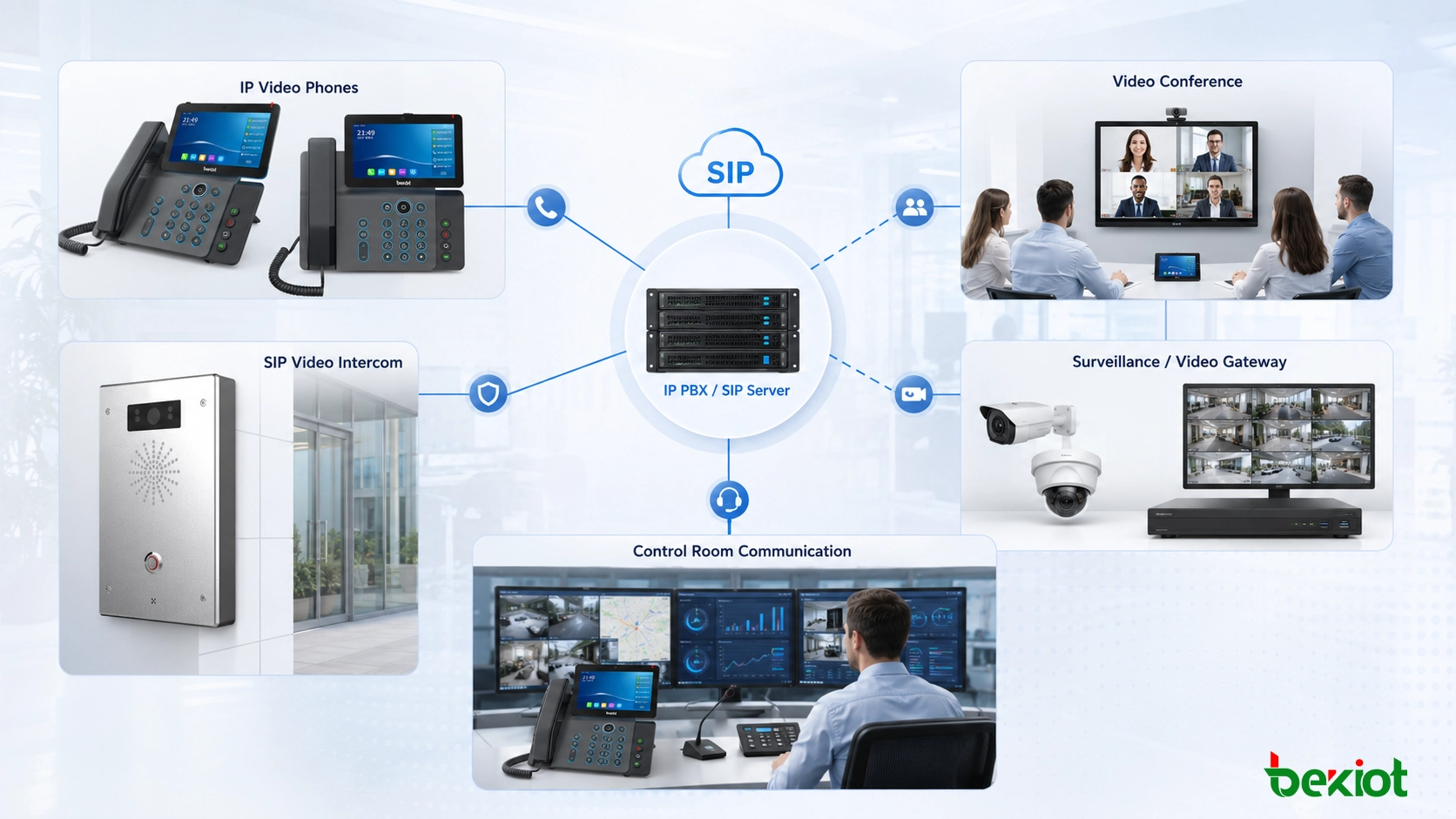 IP PBX 映像連動。非映像 IP 電話が監視カメラと紐づき、通話イベント中に映像が自動ポップアップする様子を示す